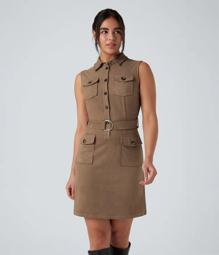 Collar Sleeveless Belted Mini Suede Casual Dress with Pockets