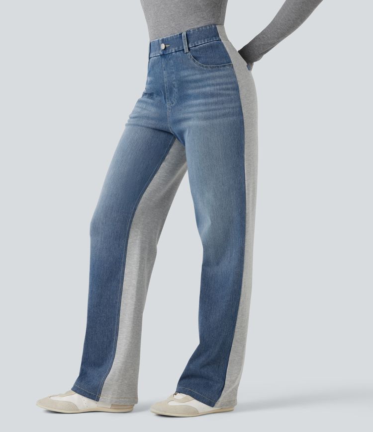 Halara Flex™ High-waisted Color Block Casual Straight-leg Jeans with Pockets