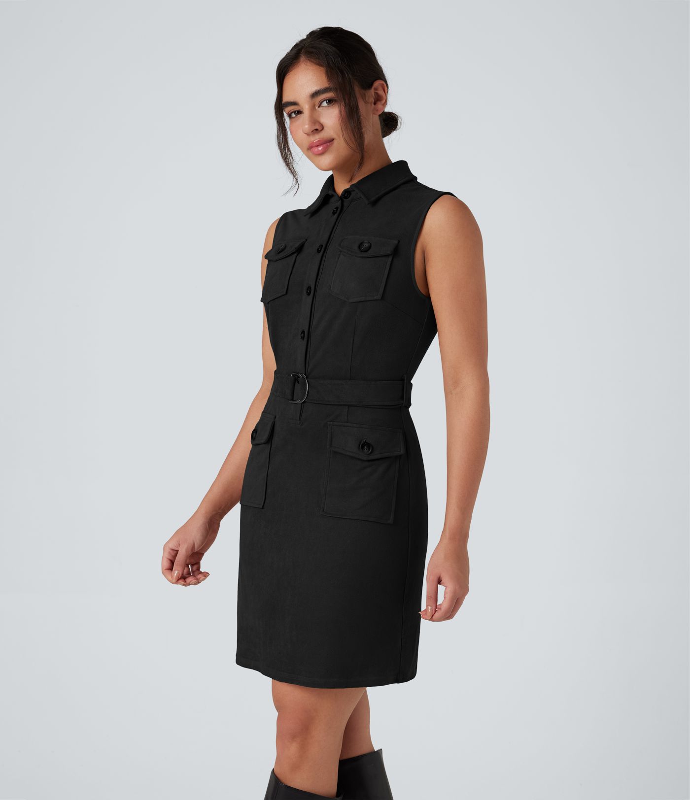 Robe mini daim col chemise ceinturée sans manches avec poches