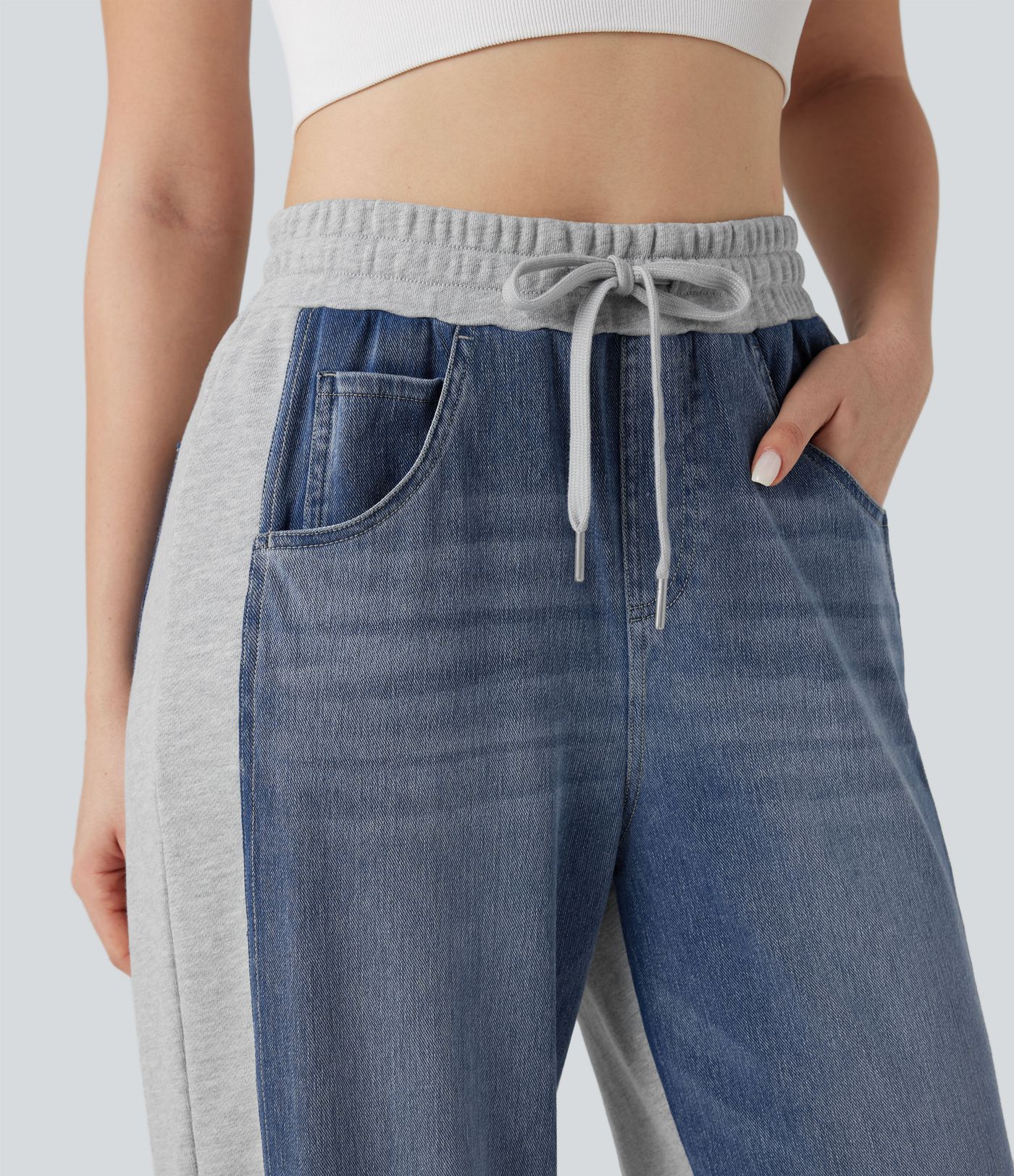 Halara Flex™ High-waisted Drawstring Color Block Casual Wide-leg Sweatpants Jeans with Pockets