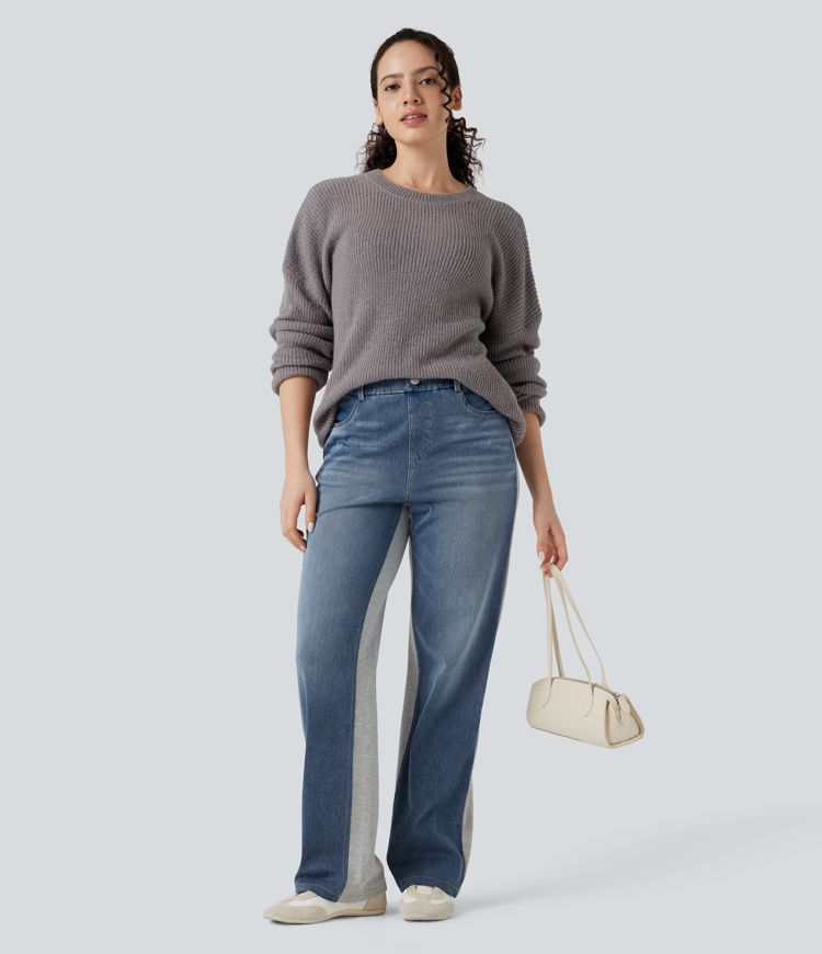 Halara Flex™ High-waisted Color Block Casual Straight-leg Jeans with Pockets