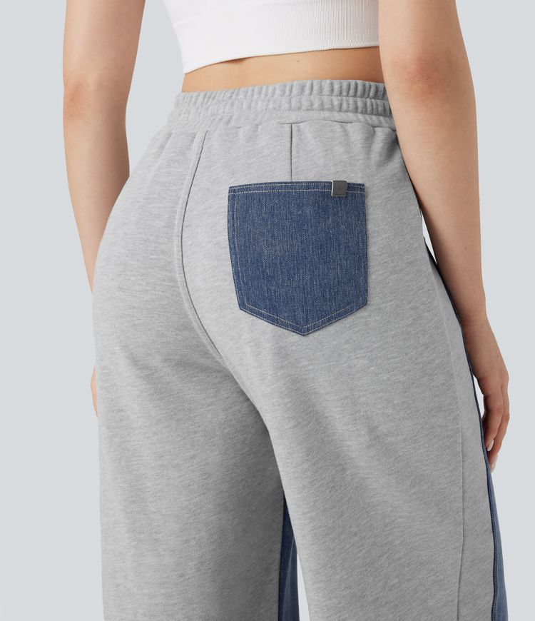 Halara Flex™ High-waisted Drawstring Color Block Casual Wide-leg Sweatpants Jeans with Pockets