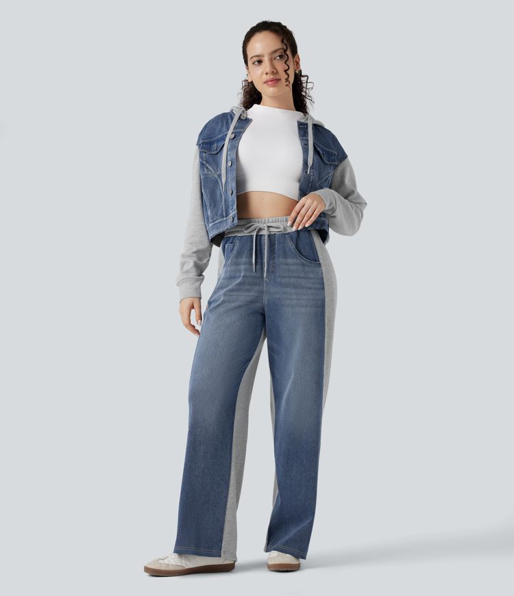 Halara Flex™ High-waisted Drawstring Color Block Casual Wide-leg Sweatpants Jeans with Pockets