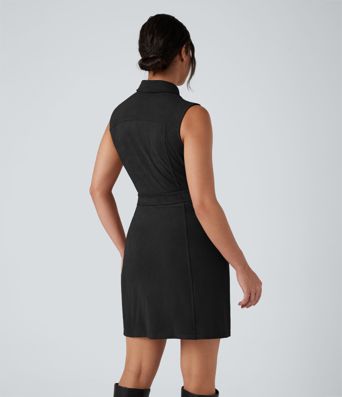 Robe mini daim col chemise ceinturée sans manches avec poches