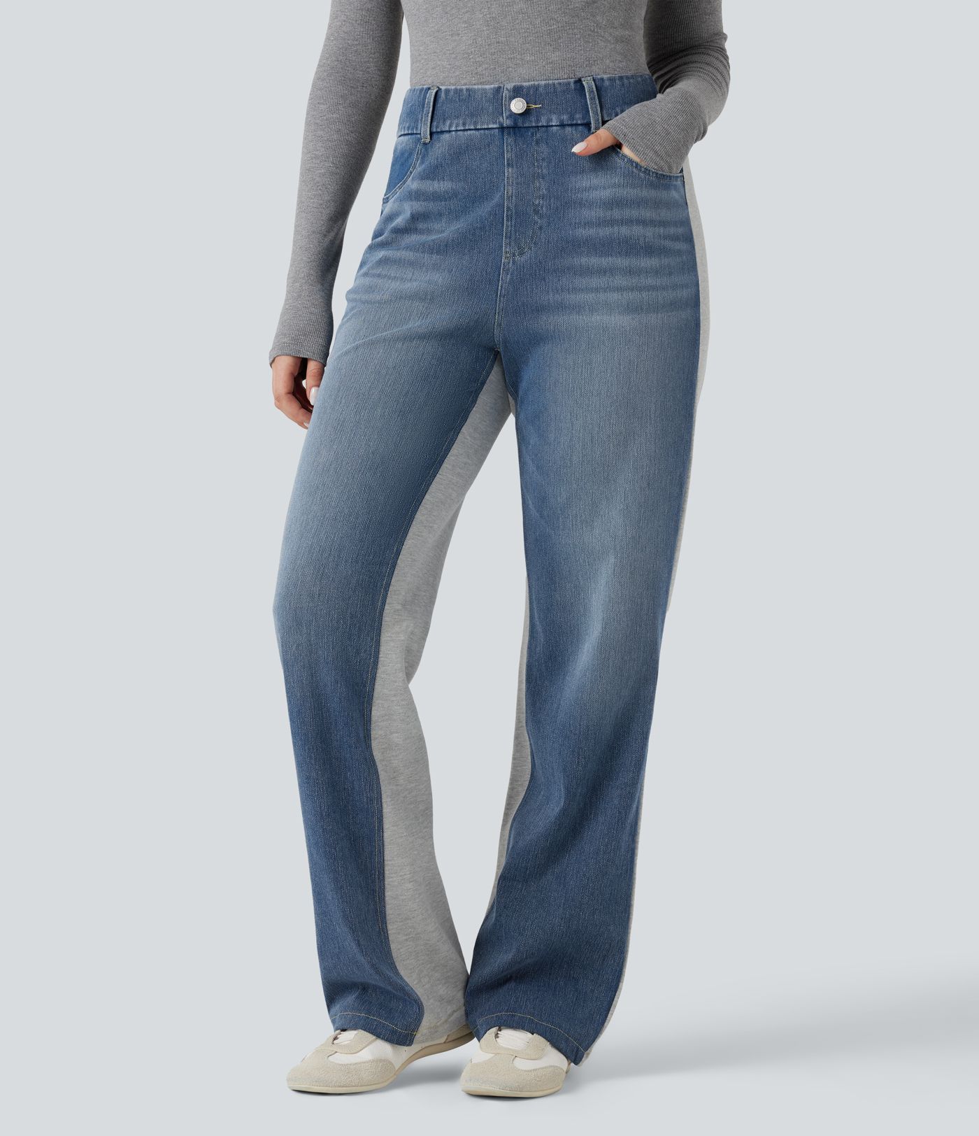 Halara Flex™ hochtaillierte, lässige Color-Block-Jeans mit geradem Bein und Taschen