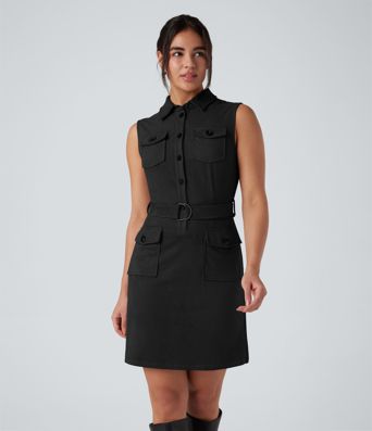 Robe mini daim col chemise ceinturée sans manches avec poches