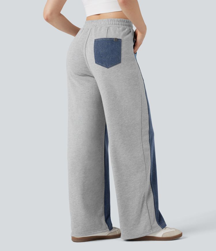 Halara Flex™ High-waisted Drawstring Color Block Casual Wide-leg Sweatpants Jeans with Pockets