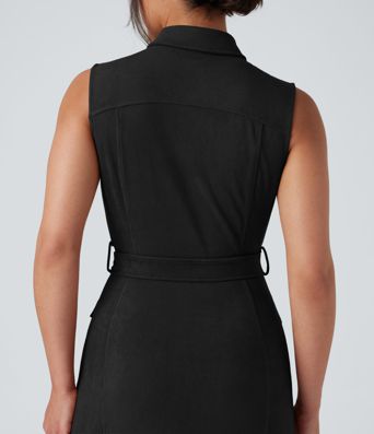 Robe mini daim col chemise ceinturée sans manches avec poches