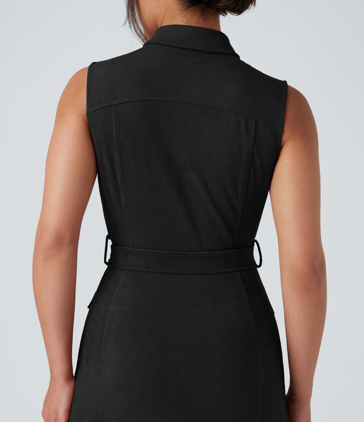 Robe mini daim col chemise ceinturée sans manches avec poches