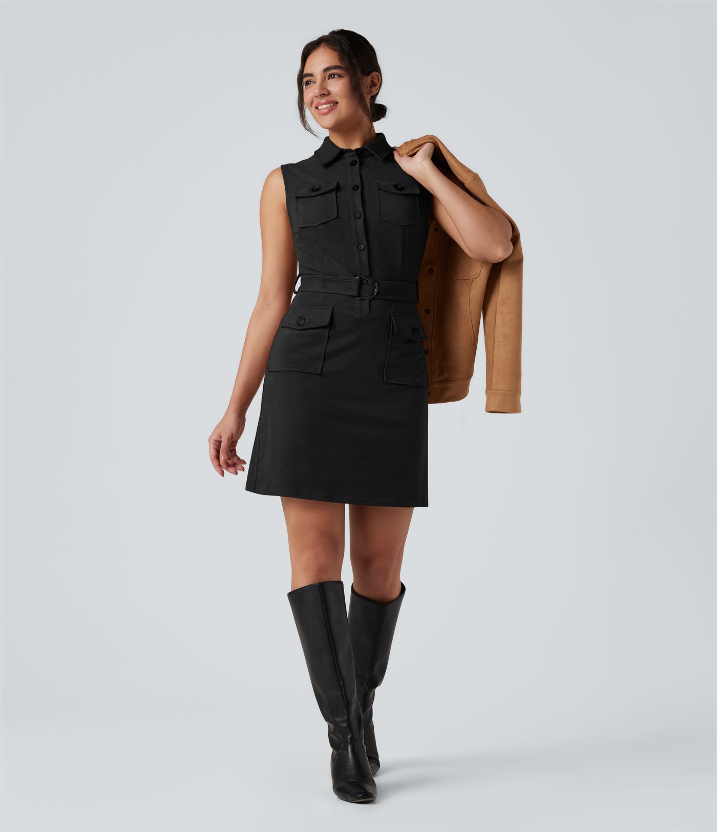 Robe mini daim col chemise ceinturée sans manches avec poches