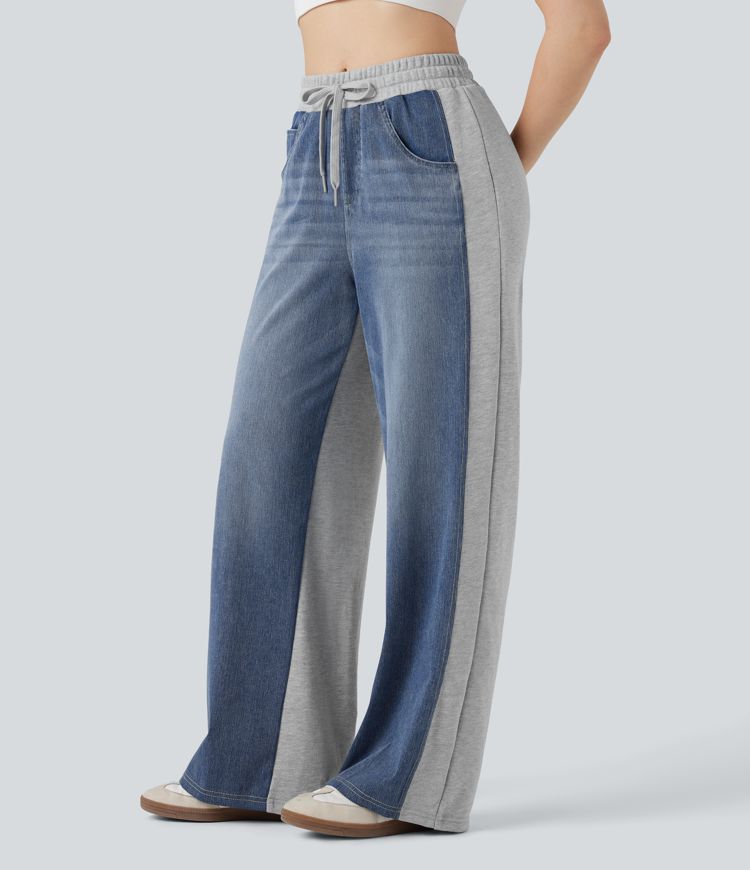 Halara Flex™ High-waisted Drawstring Color Block Casual Wide-leg Sweatpants Jeans with Pockets