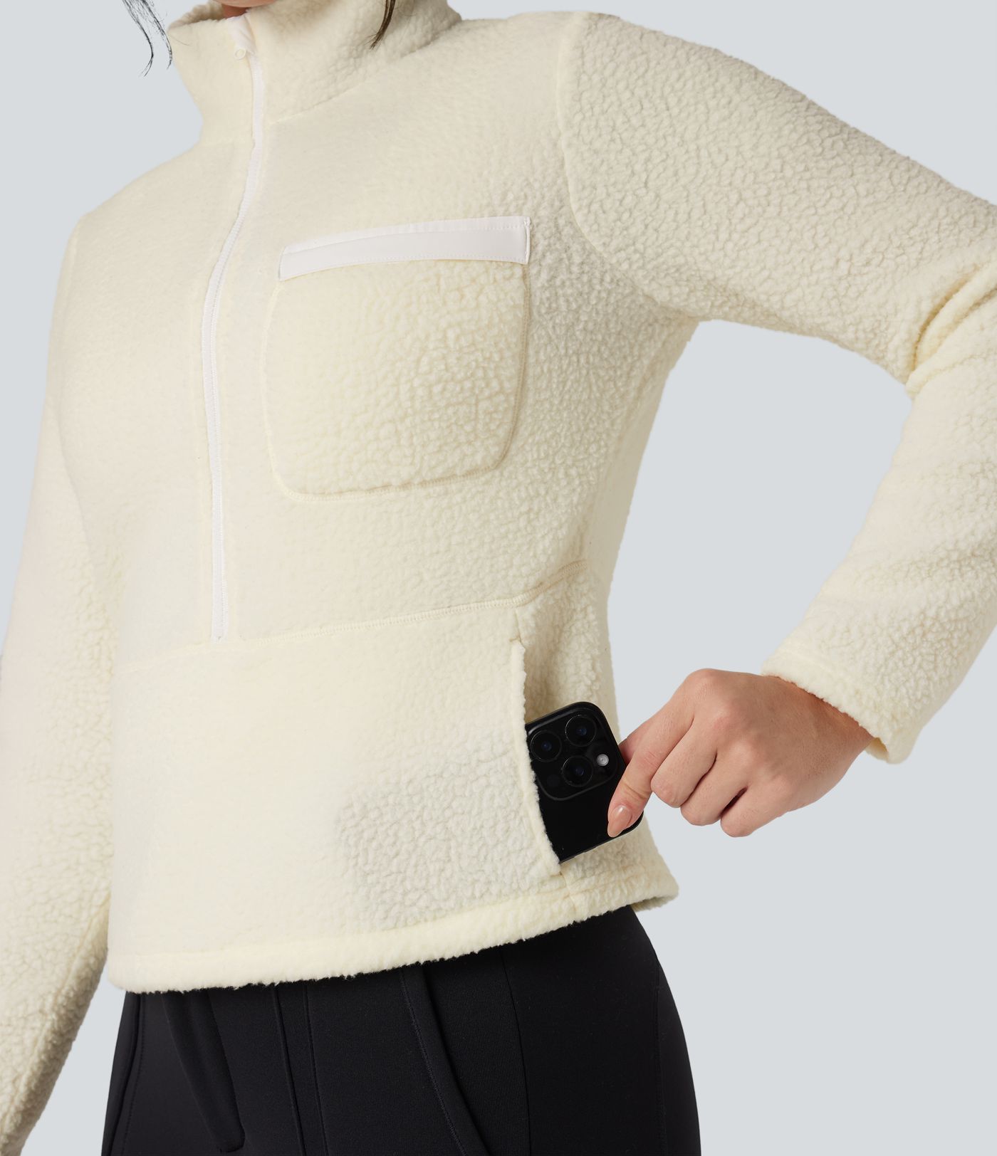 Half Zipper Long Sleeve Hiking Fleece Sports Top with Pockets