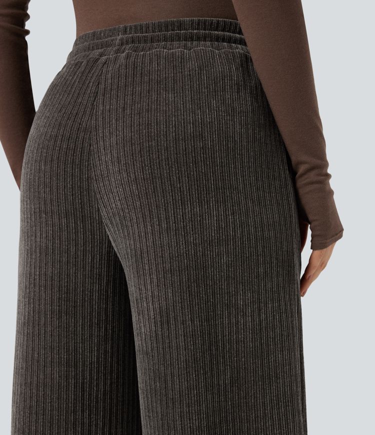 Pantalon baggy velours côtelé chenille taille mi-haute avec cordon de serrage et poches
