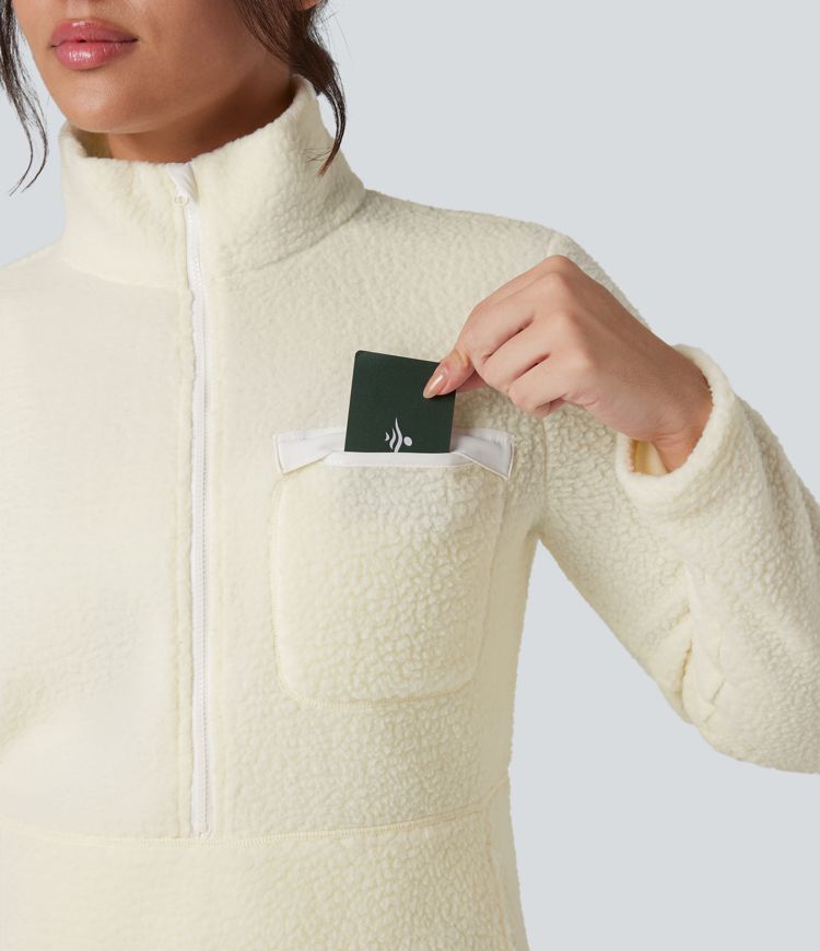 Half Zipper Long Sleeve Hiking Fleece Sports Top with Pockets