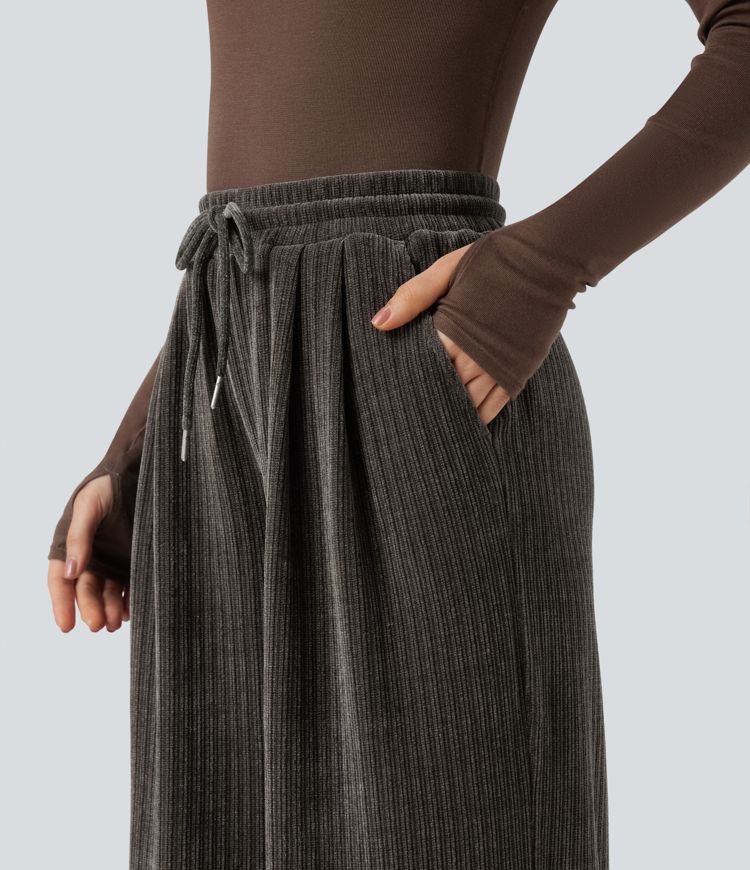 Pantalon baggy velours côtelé chenille taille mi-haute avec cordon de serrage et poches