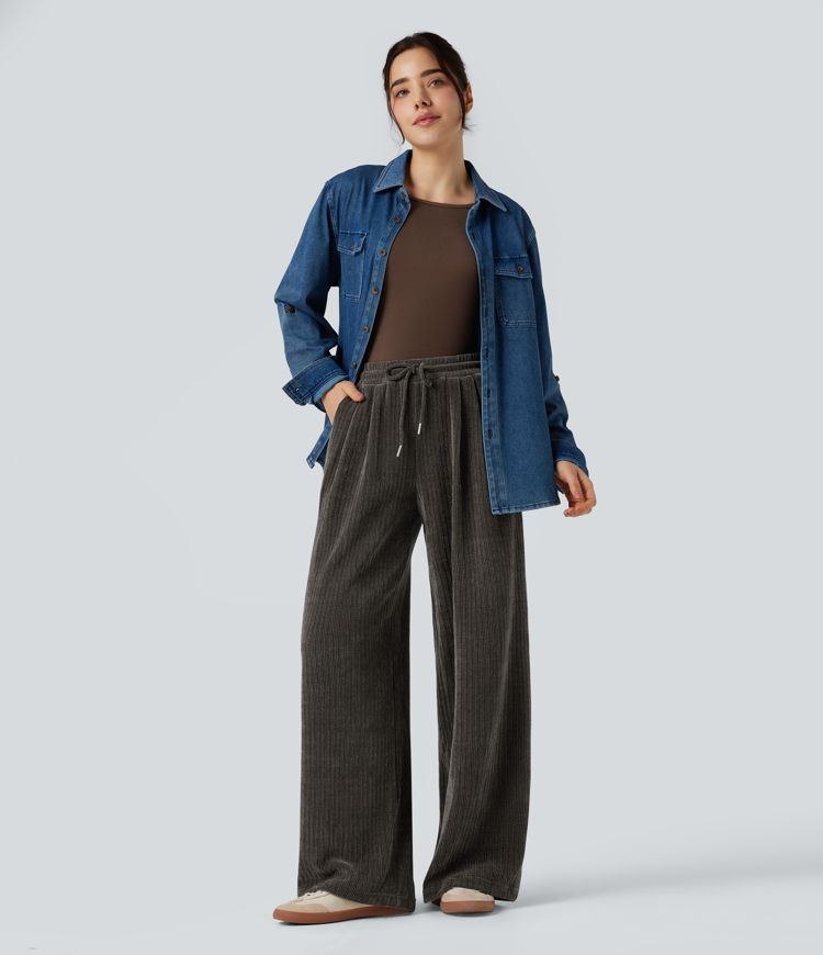 Pantalon baggy velours côtelé chenille taille mi-haute avec cordon de serrage et poches