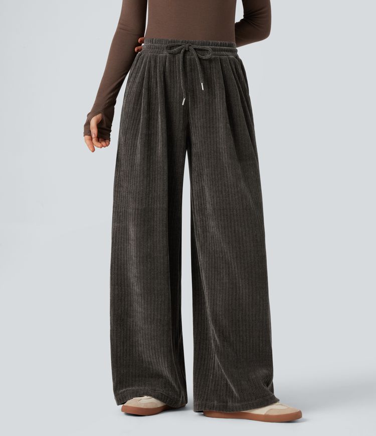 Pantalon baggy velours côtelé chenille taille mi-haute avec cordon de serrage et poches