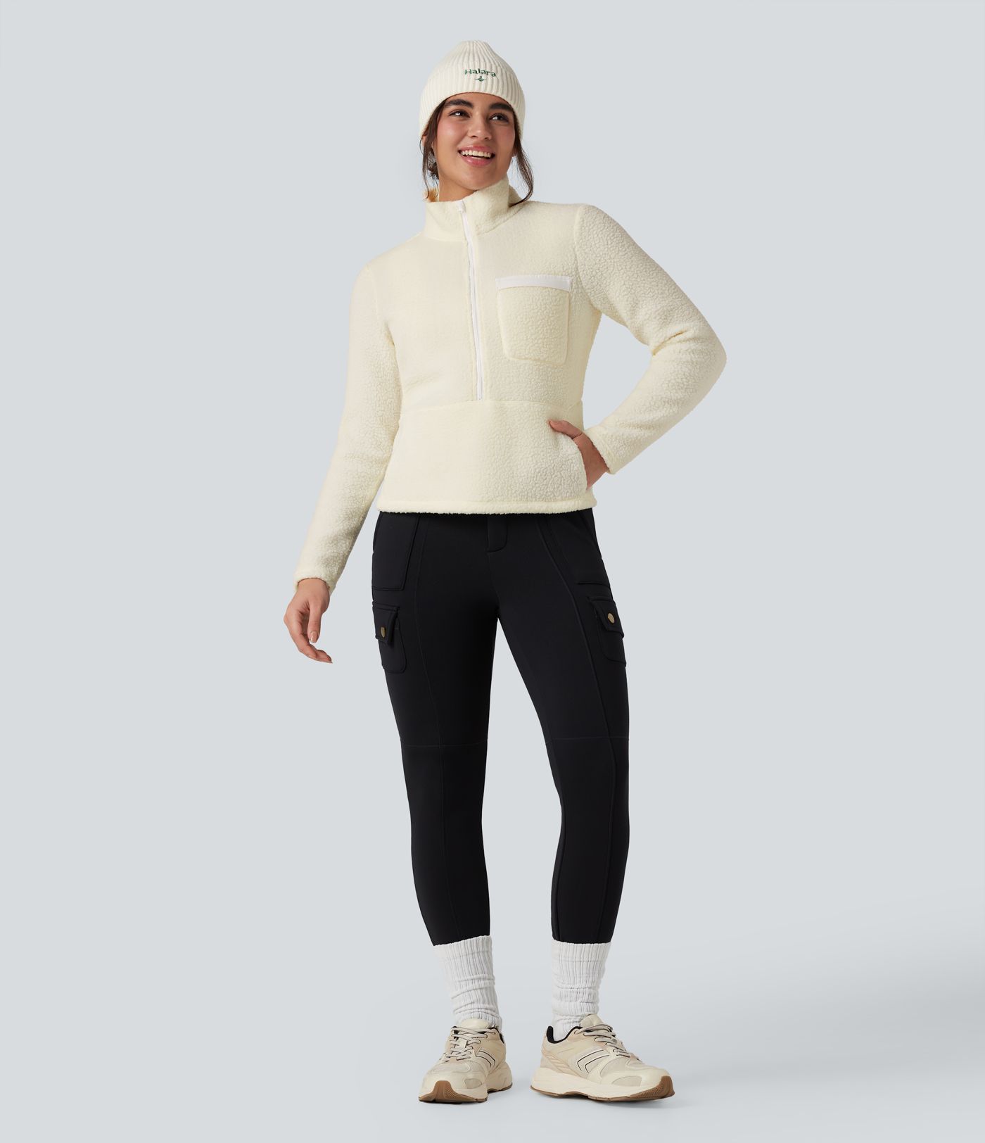 Half Zipper Long Sleeve Hiking Fleece Sports Top with Pockets