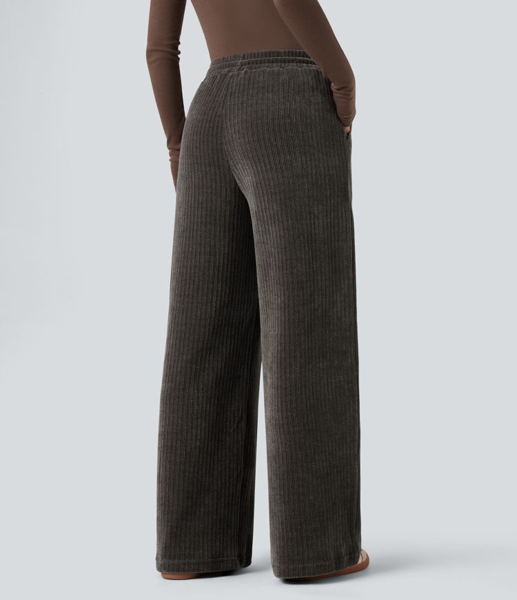Pantalon baggy velours côtelé chenille taille mi-haute avec cordon de serrage et poches
