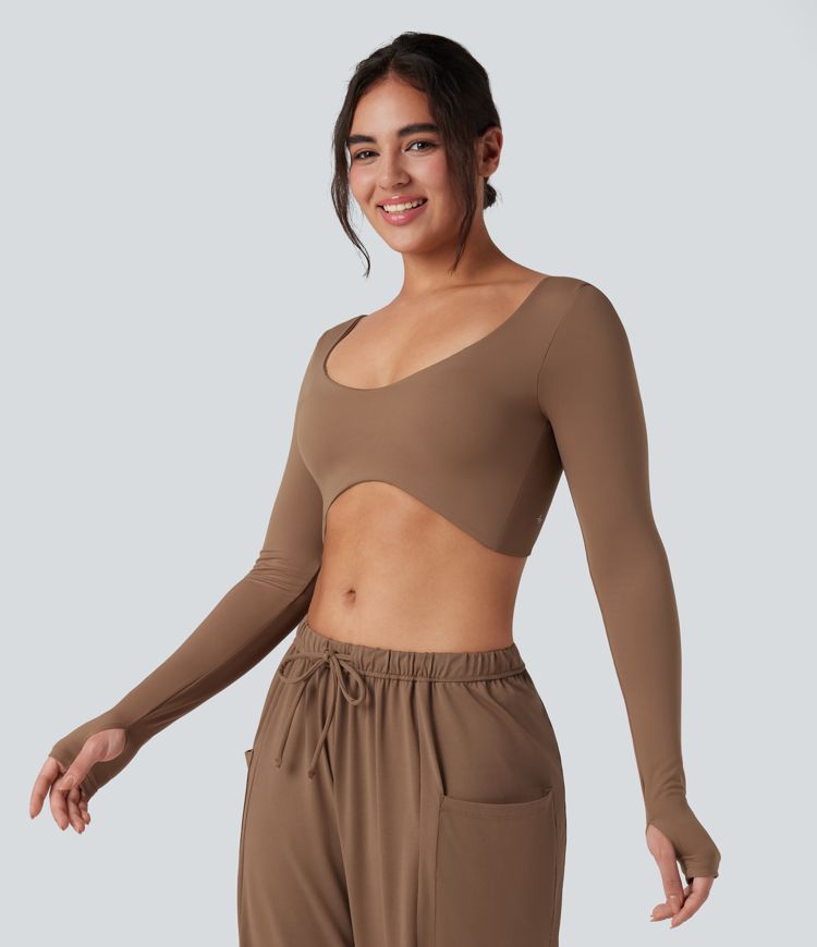 U-Neck Backless Long Sleeve Thumb Holes Adjustable Hook Cropped Yoga Sports Top