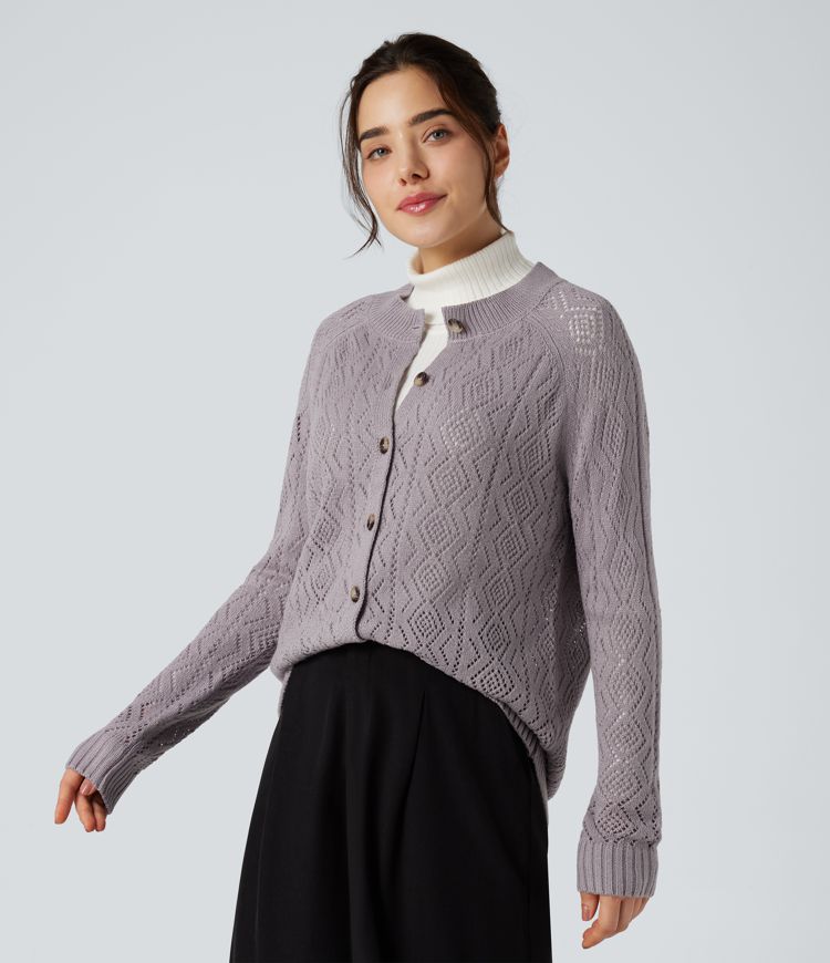 Cardigan ajouré col rond manches longues avec boutons