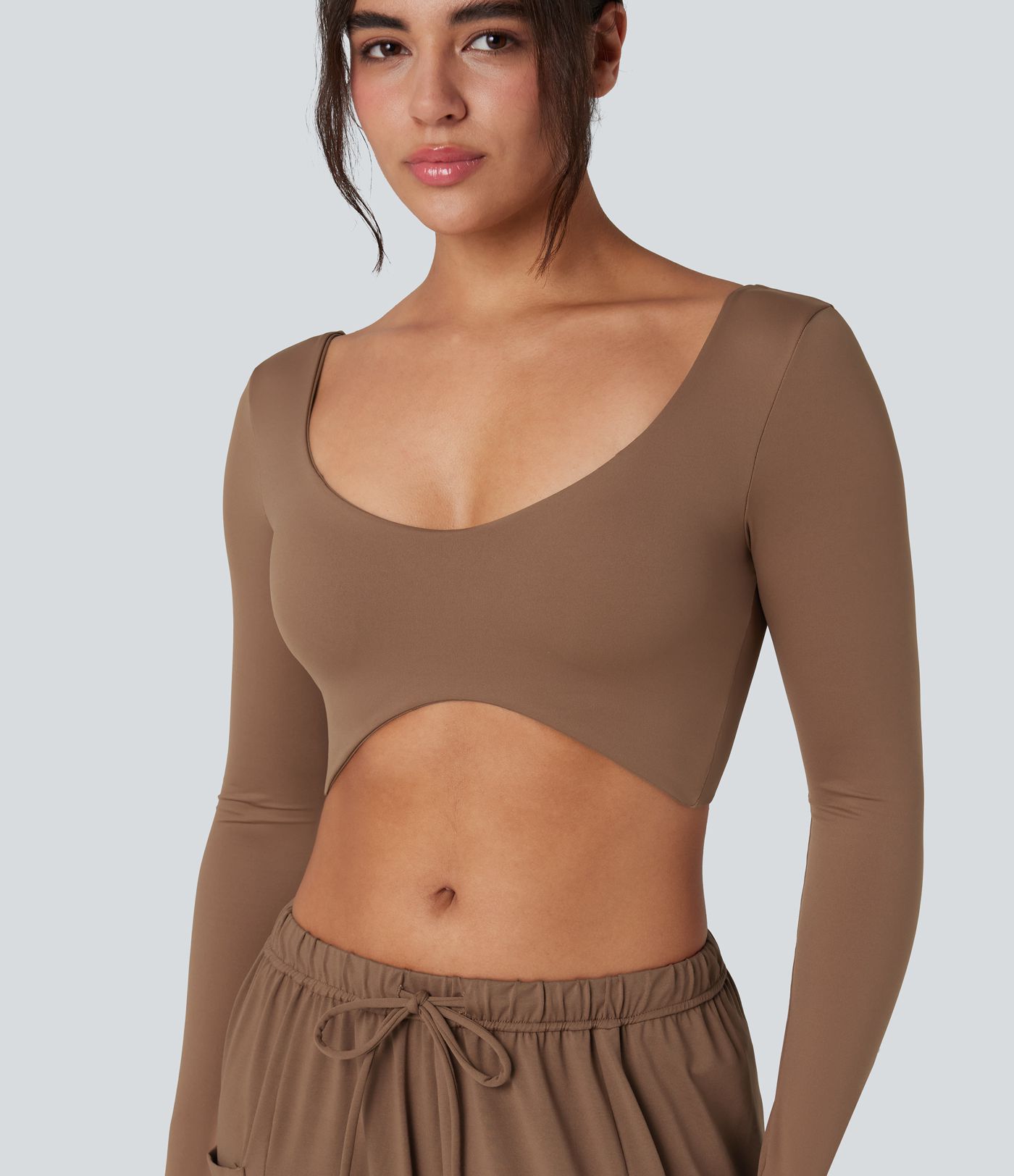 U-Neck Backless Long Sleeve Thumb Holes Adjustable Hook Cropped Yoga Sports Top