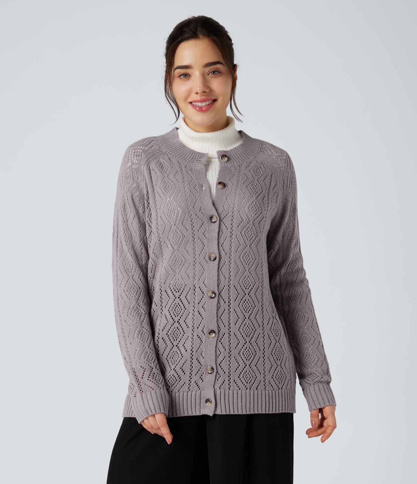 Cardigan ajouré col rond manches longues avec boutons