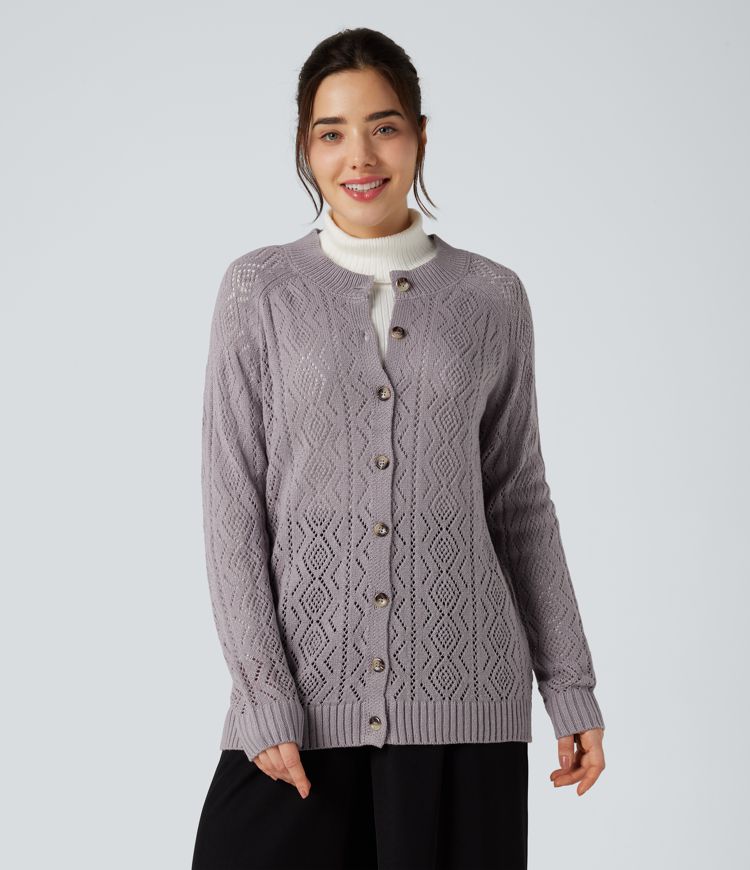 Cardigan ajouré col rond manches longues avec boutons