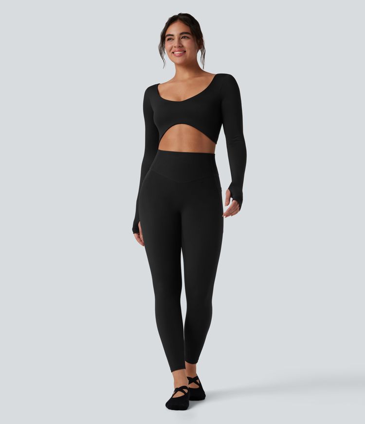 U-Neck Backless Long Sleeve Thumb Holes Adjustable Hook Cropped Yoga Sports Top