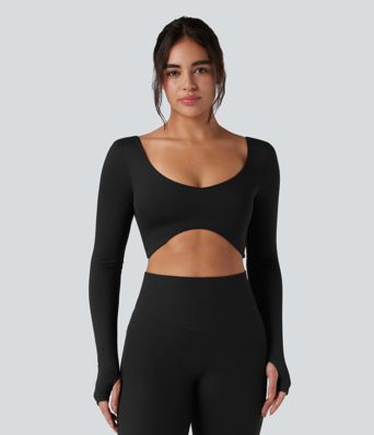 U-Neck Backless Long Sleeve Thumb Holes Adjustable Hook Cropped Yoga Sports Top