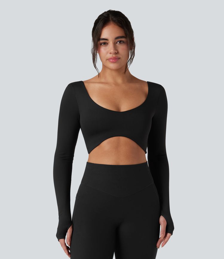 U-Neck Backless Long Sleeve Thumb Holes Adjustable Hook Cropped Yoga Sports Top