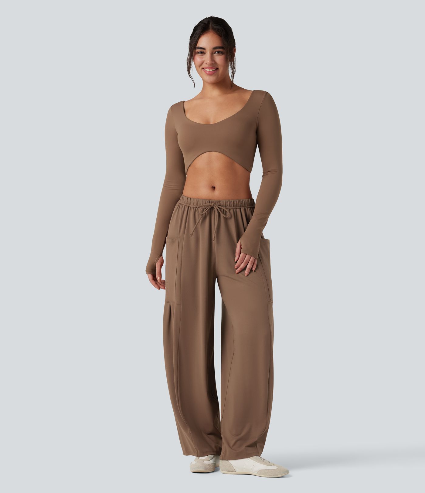 U-Neck Backless Long Sleeve Thumb Holes Adjustable Hook Cropped Yoga Sports Top