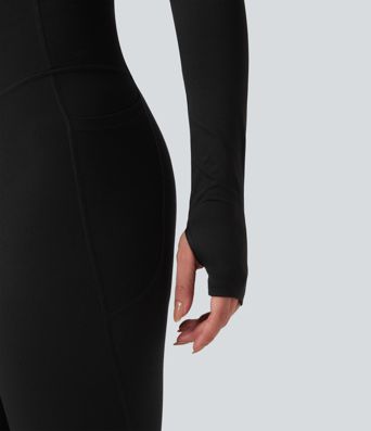 U-Neck Backless Long Sleeve Thumb Holes Adjustable Hook Cropped Yoga Sports Top