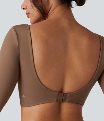 U-Neck Backless Long Sleeve Thumb Holes Adjustable Hook Cropped Yoga Sports Top