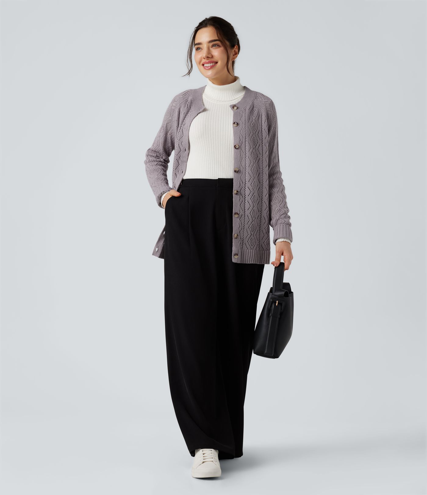 Cardigan ajouré col rond manches longues avec boutons