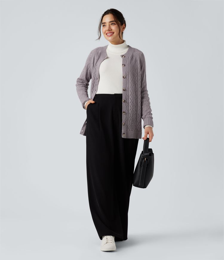 Cardigan ajouré col rond manches longues avec boutons