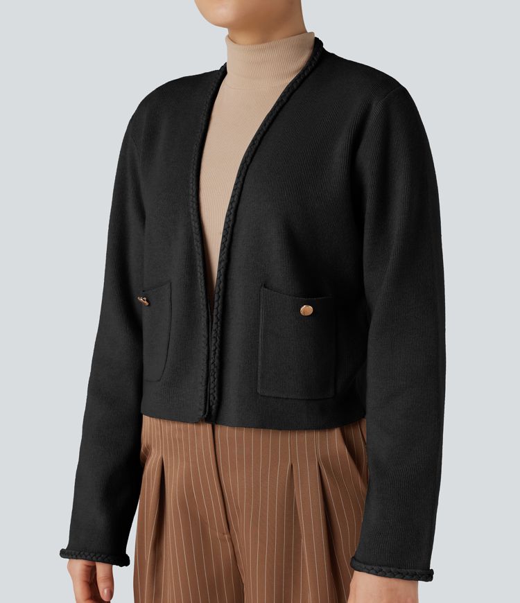 Long Sleeve Open Front Work Cardigan with Pockets