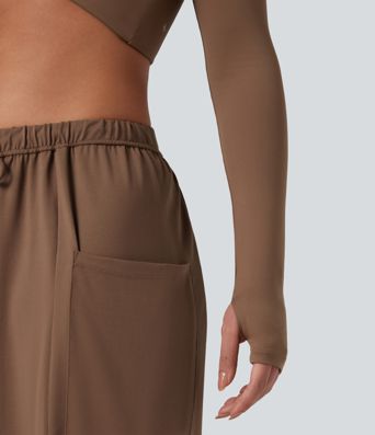 U-Neck Backless Long Sleeve Thumb Holes Adjustable Hook Cropped Yoga Sports Top