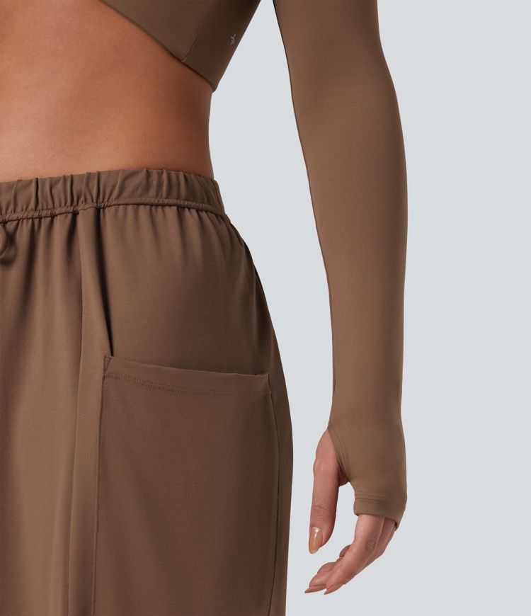 U-Neck Backless Long Sleeve Thumb Holes Adjustable Hook Cropped Yoga Sports Top