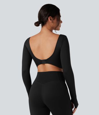 U-Neck Backless Long Sleeve Thumb Holes Adjustable Hook Cropped Yoga Sports Top