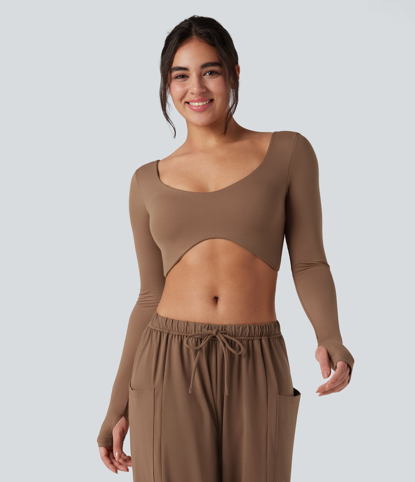 U-Neck Backless Long Sleeve Thumb Holes Adjustable Hook Cropped Yoga Sports Top