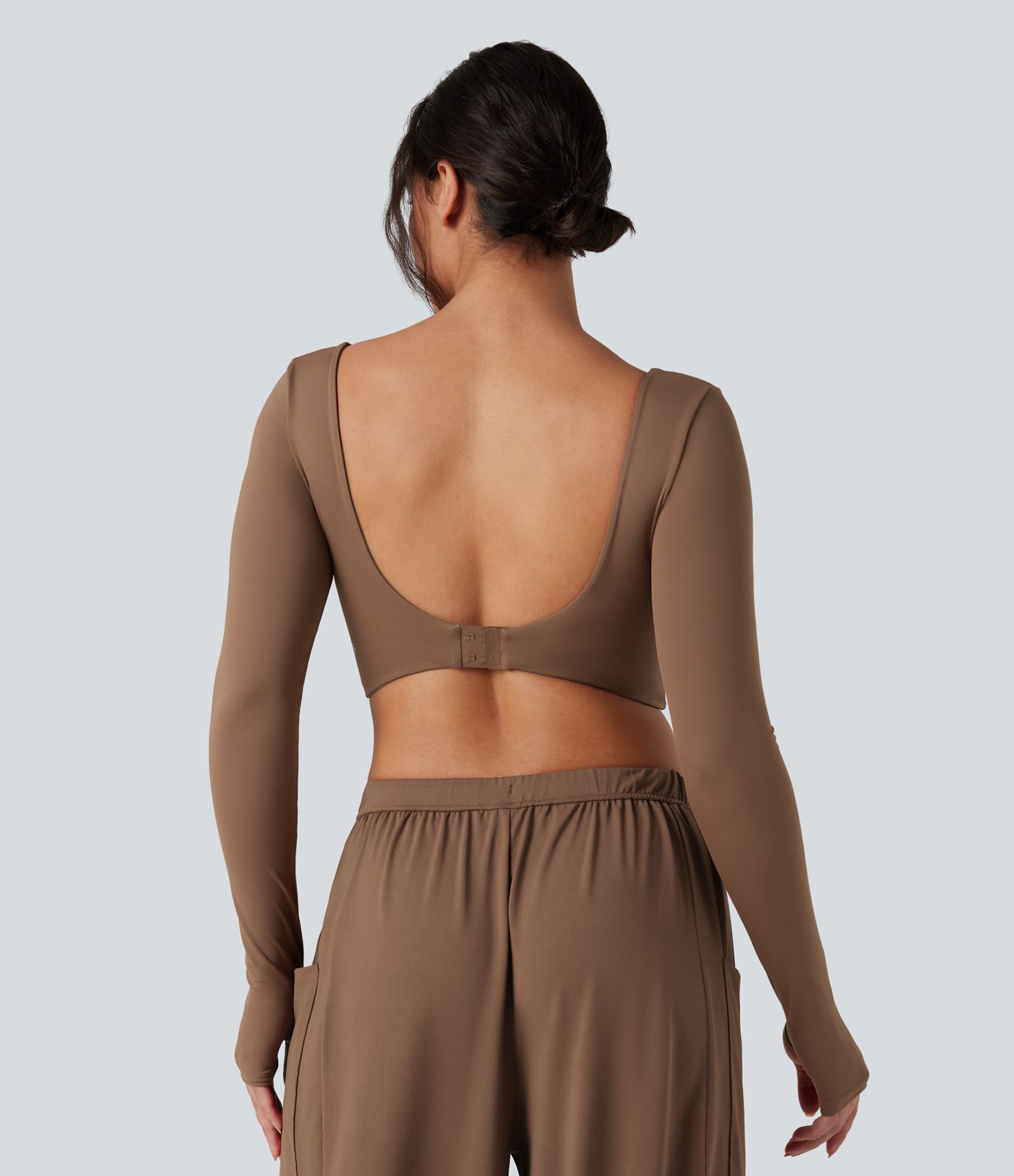 U-Neck Backless Long Sleeve Thumb Holes Adjustable Hook Cropped Yoga Sports Top