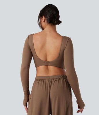 U-Neck Backless Long Sleeve Thumb Holes Adjustable Hook Cropped Yoga Sports Top