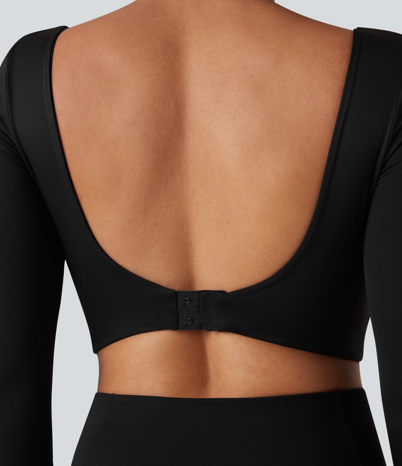 U-Neck Backless Long Sleeve Thumb Holes Adjustable Hook Cropped Yoga Sports Top