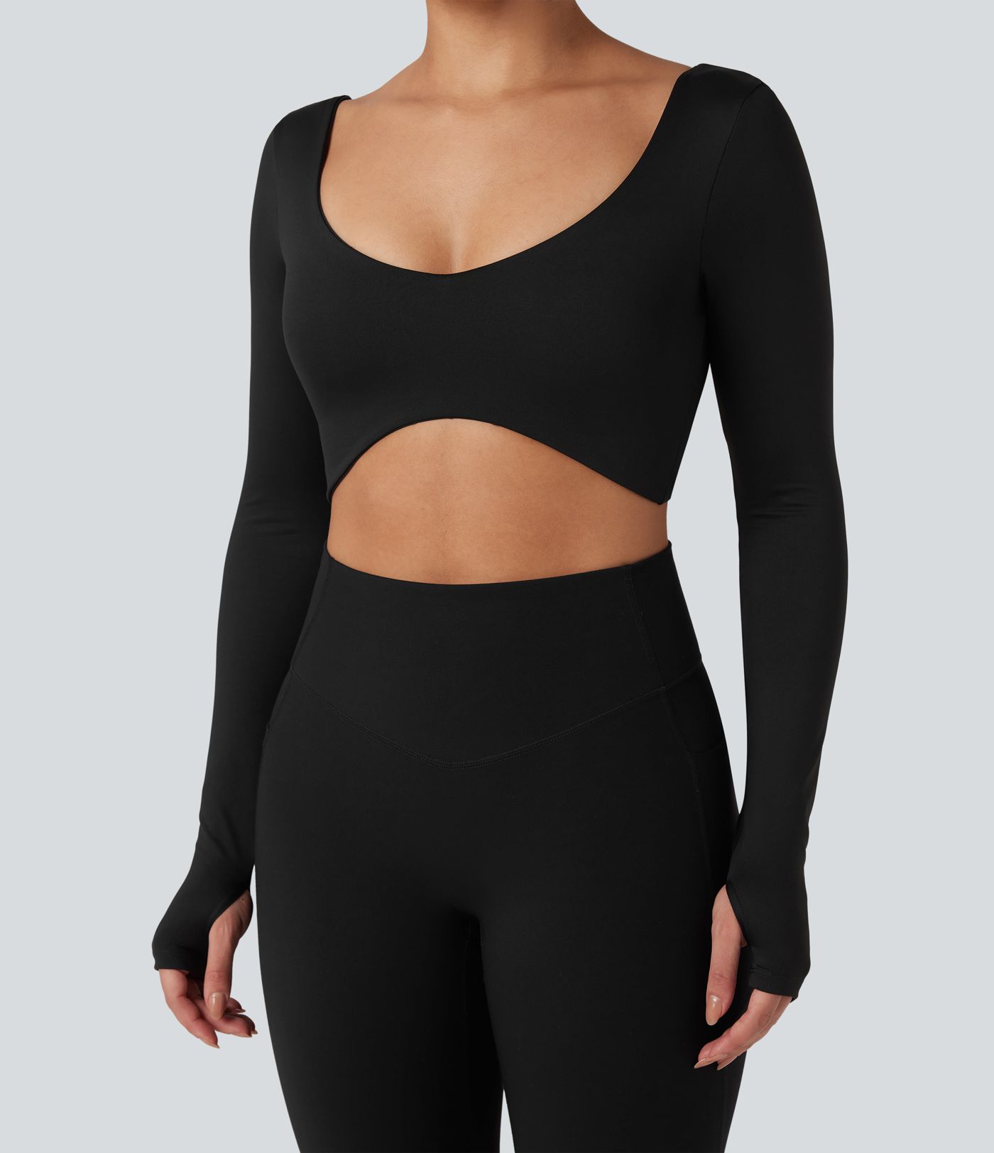 U-Neck Backless Long Sleeve Thumb Holes Adjustable Hook Cropped Yoga Sports Top