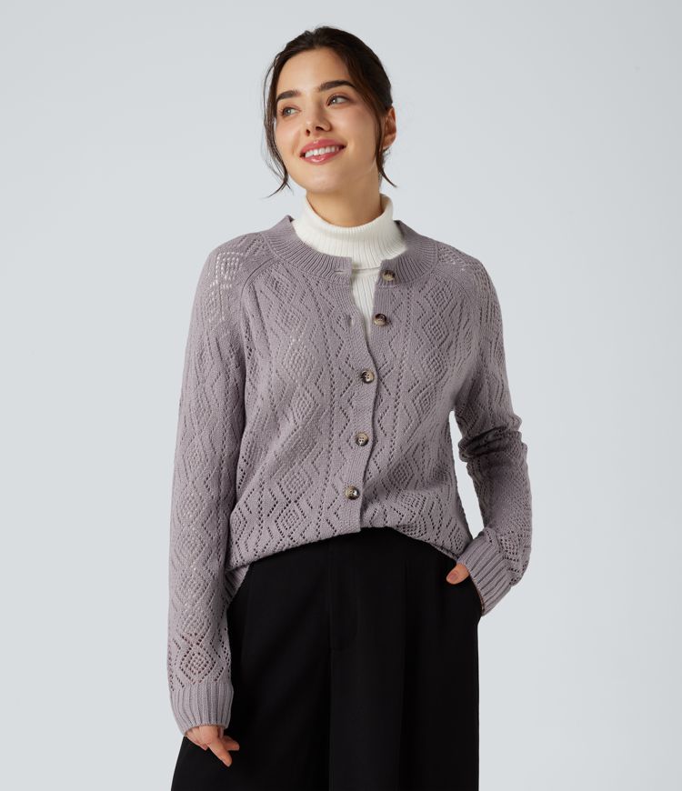 Round Neck Long Sleeve Button Fly Hollow Out Casual Cardigan