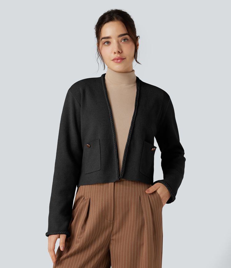 Long Sleeve Open Front Work Cardigan with Pockets