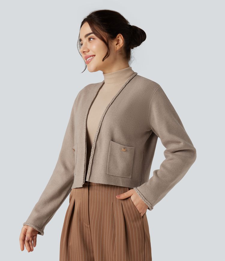 Long Sleeve Open Front Work Cardigan with Pockets