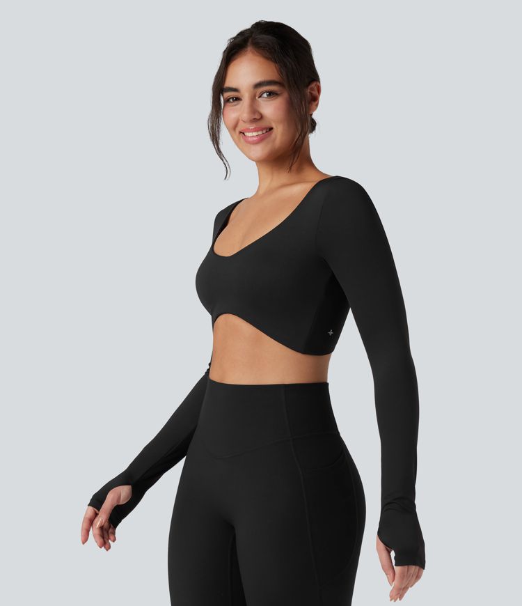 U-Neck Backless Long Sleeve Thumb Holes Adjustable Hook Cropped Yoga Sports Top