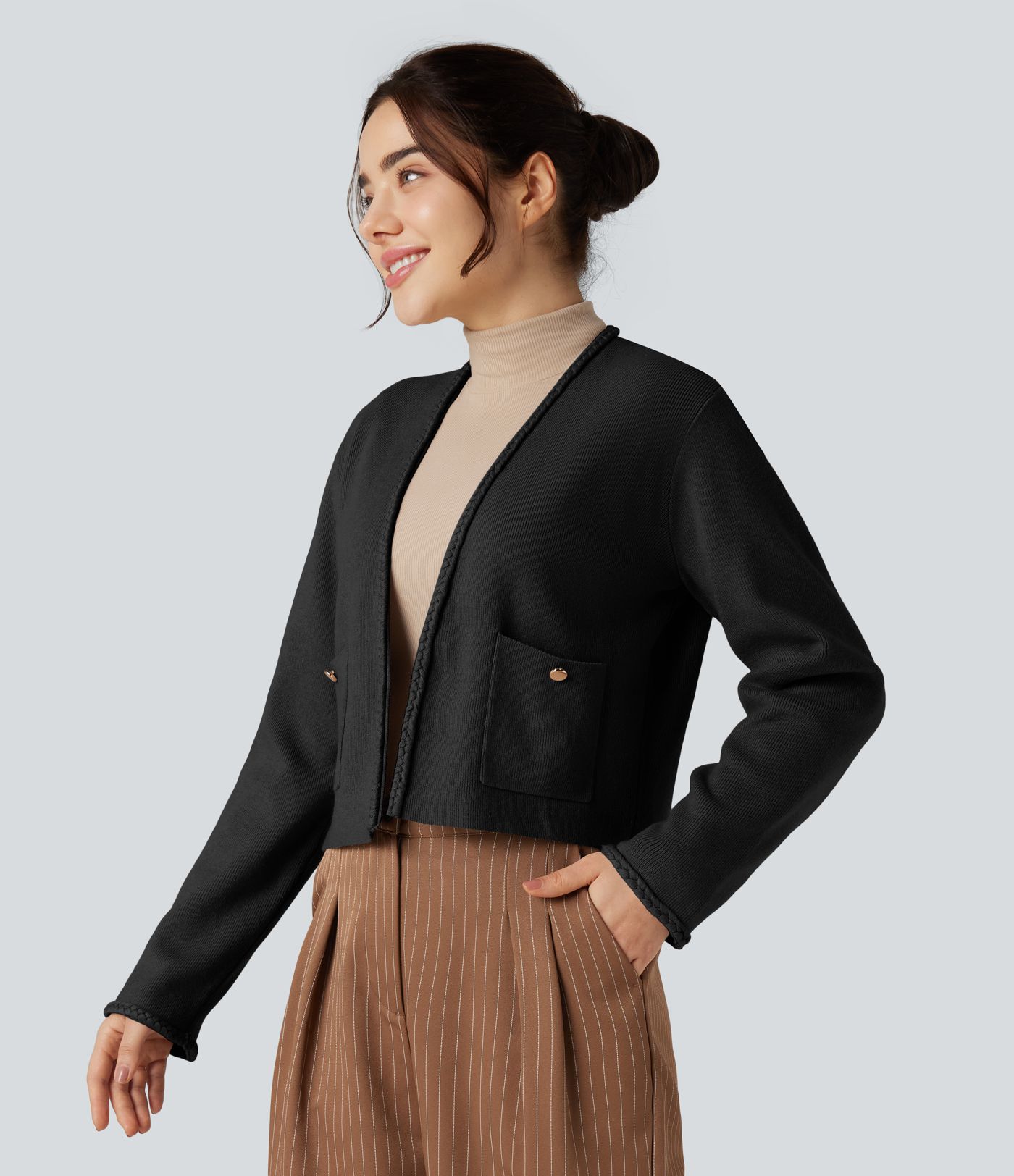 Long Sleeve Open Front Work Cardigan with Pockets